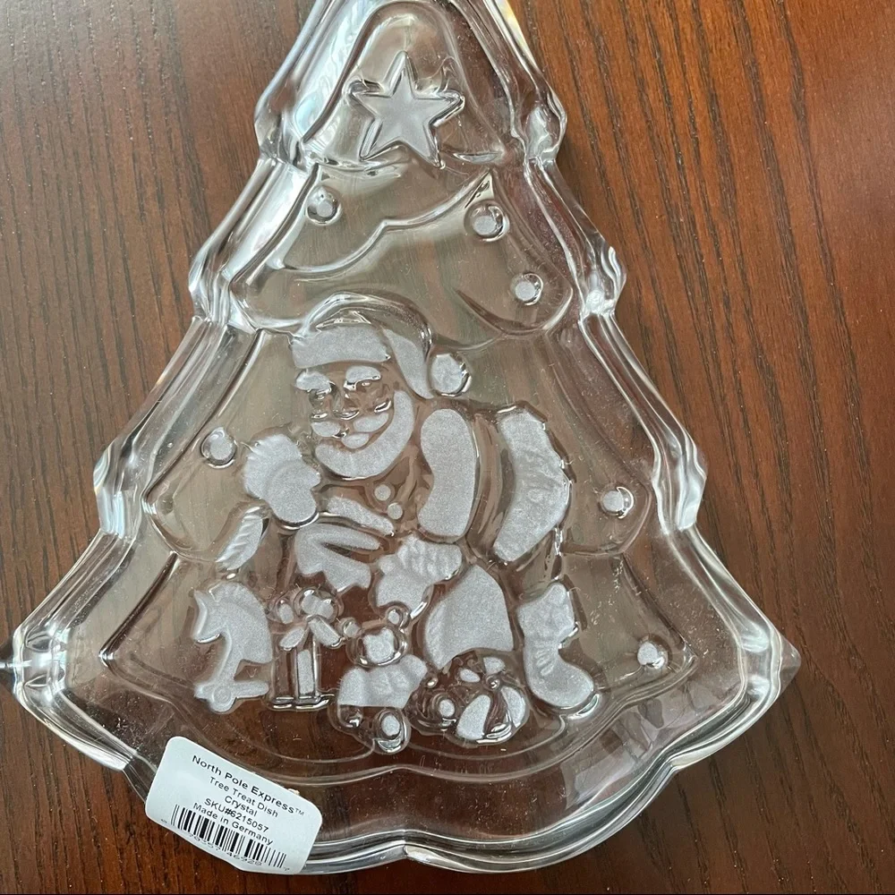 GORHAM Candy Dish Etched Crystal Holiday Traditions North Pole Express Tree